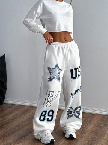 MOOSTA 1pc Personality Print Drawstring Waist Street Casual Sweatpants