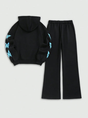 2pcs/Set Women Sports Casual Daily Butterfly Print Hoodie Sweatshirt And Sweatpants Set, For Autumn