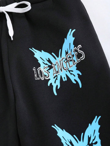 2pcs/Set Women Sports Casual Daily Butterfly Print Hoodie Sweatshirt And Sweatpants Set, For Autumn