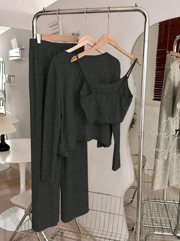 3pcs/Set Women Casual Everyday Matching Suspender Camisole With Long Sleeve Cardigan And Elastic Waist Straight Pants Knit Apricot Outfit, Autumn/Winter
