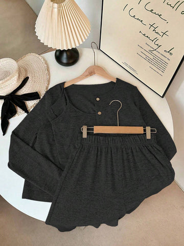 3pcs/Set Women Casual Everyday Matching Suspender Camisole With Long Sleeve Cardigan And Elastic Waist Straight Pants Knit Apricot Outfit, Autumn/Winter