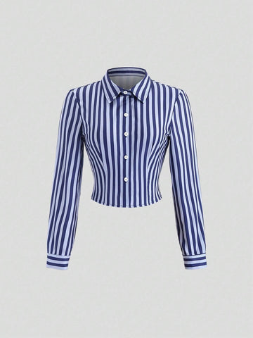 Casual Daily Striped Front Button Long Sleeve Shirt, Autumn