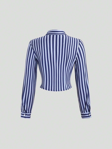 Casual Daily Striped Front Button Long Sleeve Shirt, Autumn