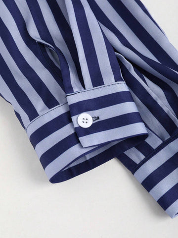 Casual Daily Striped Front Button Long Sleeve Shirt, Autumn