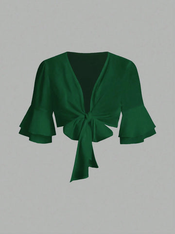 MOOSTA Casual Minimalist Solid Color Flared Sleeve Tie Front Crop Shirt