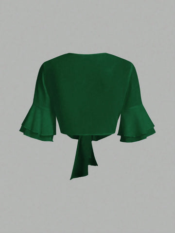 MOOSTA Casual Minimalist Solid Color Flared Sleeve Tie Front Crop Shirt