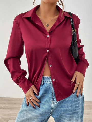 Casual Solid Color Long Sleeve Shirt, Autumn