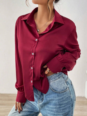 Casual Solid Color Long Sleeve Shirt, Autumn