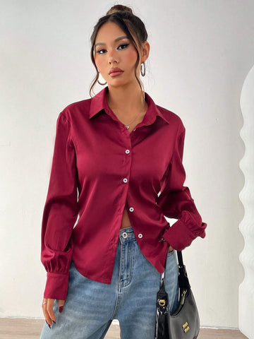 Casual Solid Color Long Sleeve Shirt, Autumn