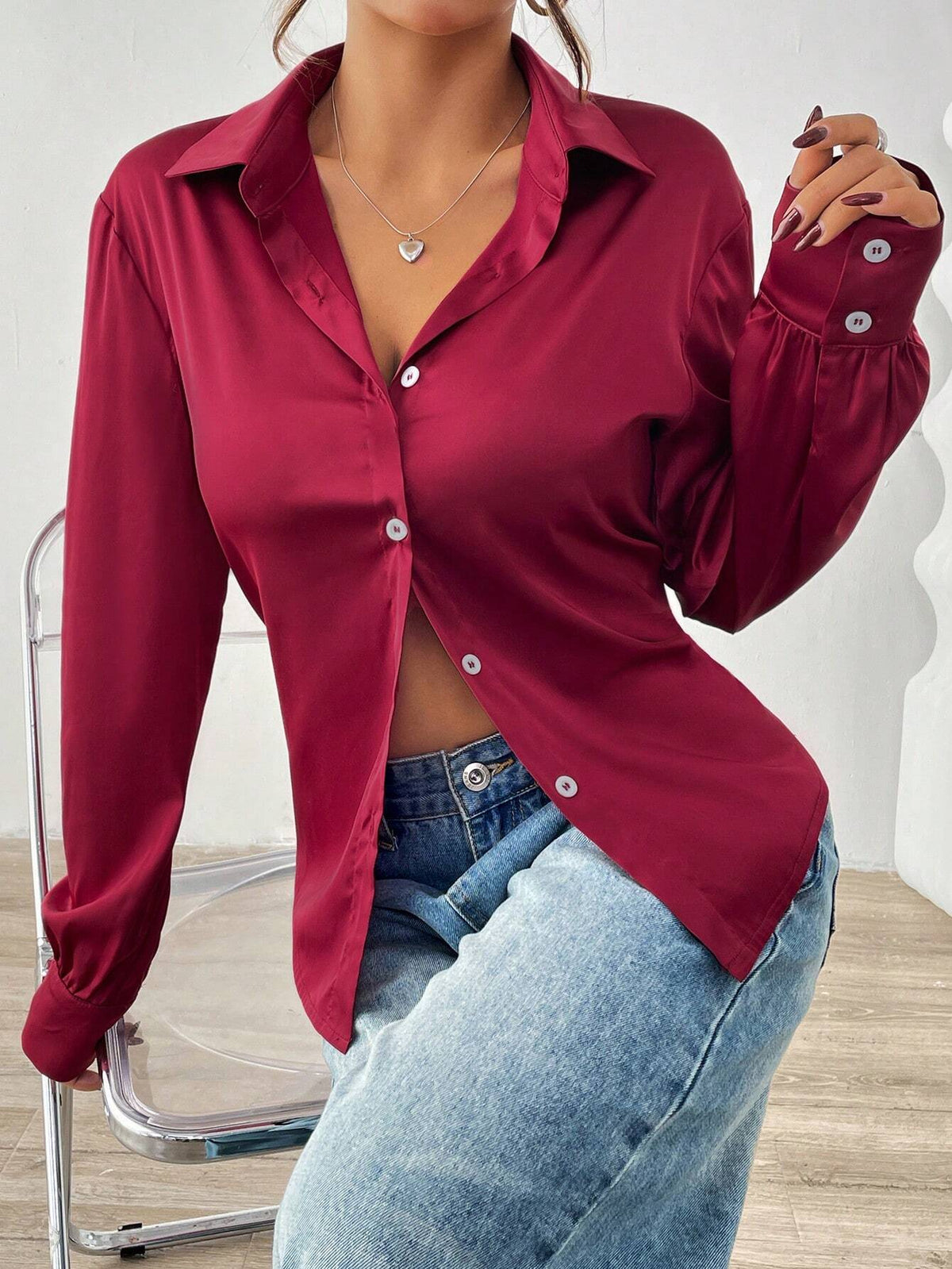Casual Solid Color Long Sleeve Shirt, Autumn