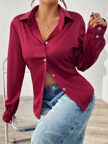 Casual Solid Color Long Sleeve Shirt, Autumn