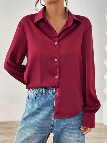 Casual Solid Color Long Sleeve Shirt, Autumn