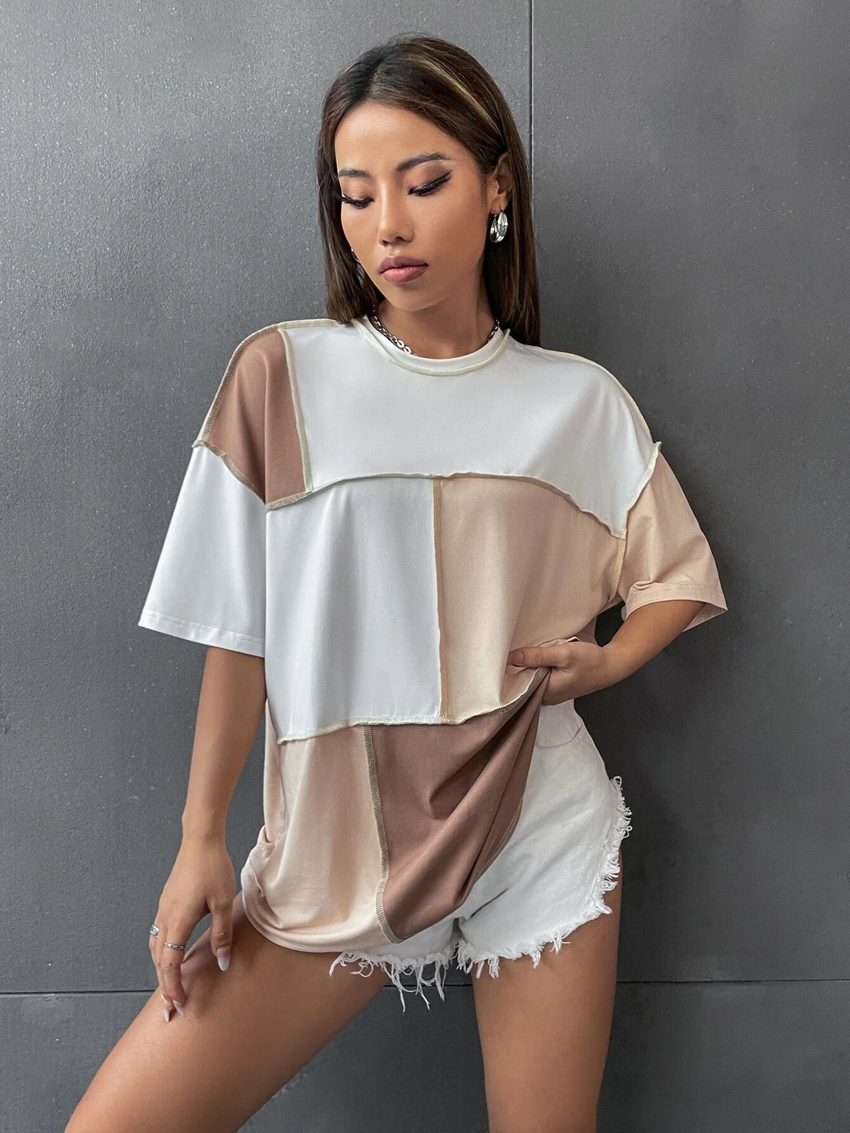 Colorblock Top Stitching Oversized Tee Graphic Tees Women Tops