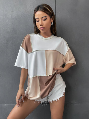 Colorblock Top Stitching Oversized Tee Graphic Tees Women Tops