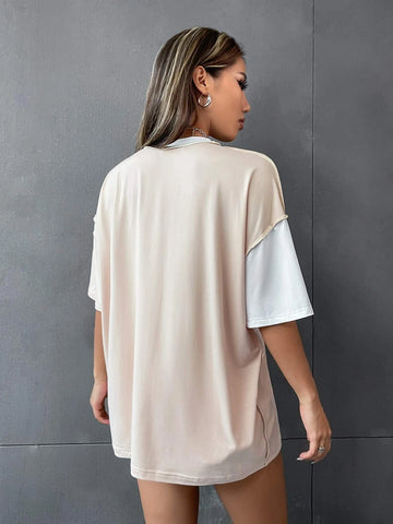 Colorblock Top Stitching Oversized Tee Graphic Tees Women Tops
