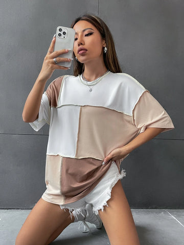 Colorblock Top Stitching Oversized Tee Graphic Tees Women Tops