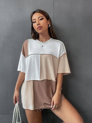 Colorblock Top Stitching Oversized Tee Graphic Tees Women Tops