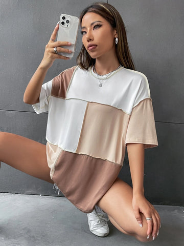 Colorblock Top Stitching Oversized Tee Graphic Tees Women Tops