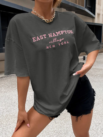 Drop Shoulder Letter Embroidery Top