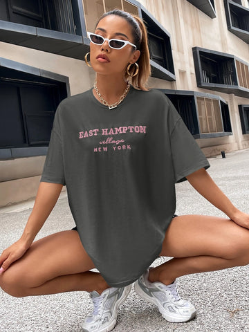 Drop Shoulder Letter Embroidery Top