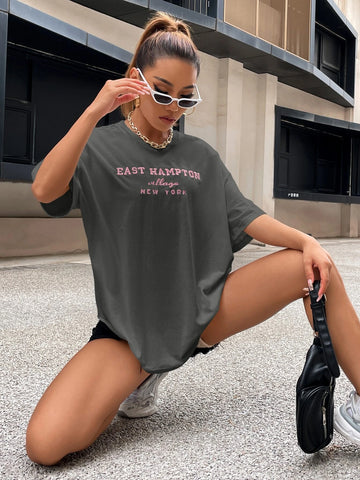 Drop Shoulder Letter Embroidery Top