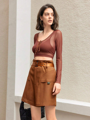 MOOSTA High Waist Casual Brown Shorts