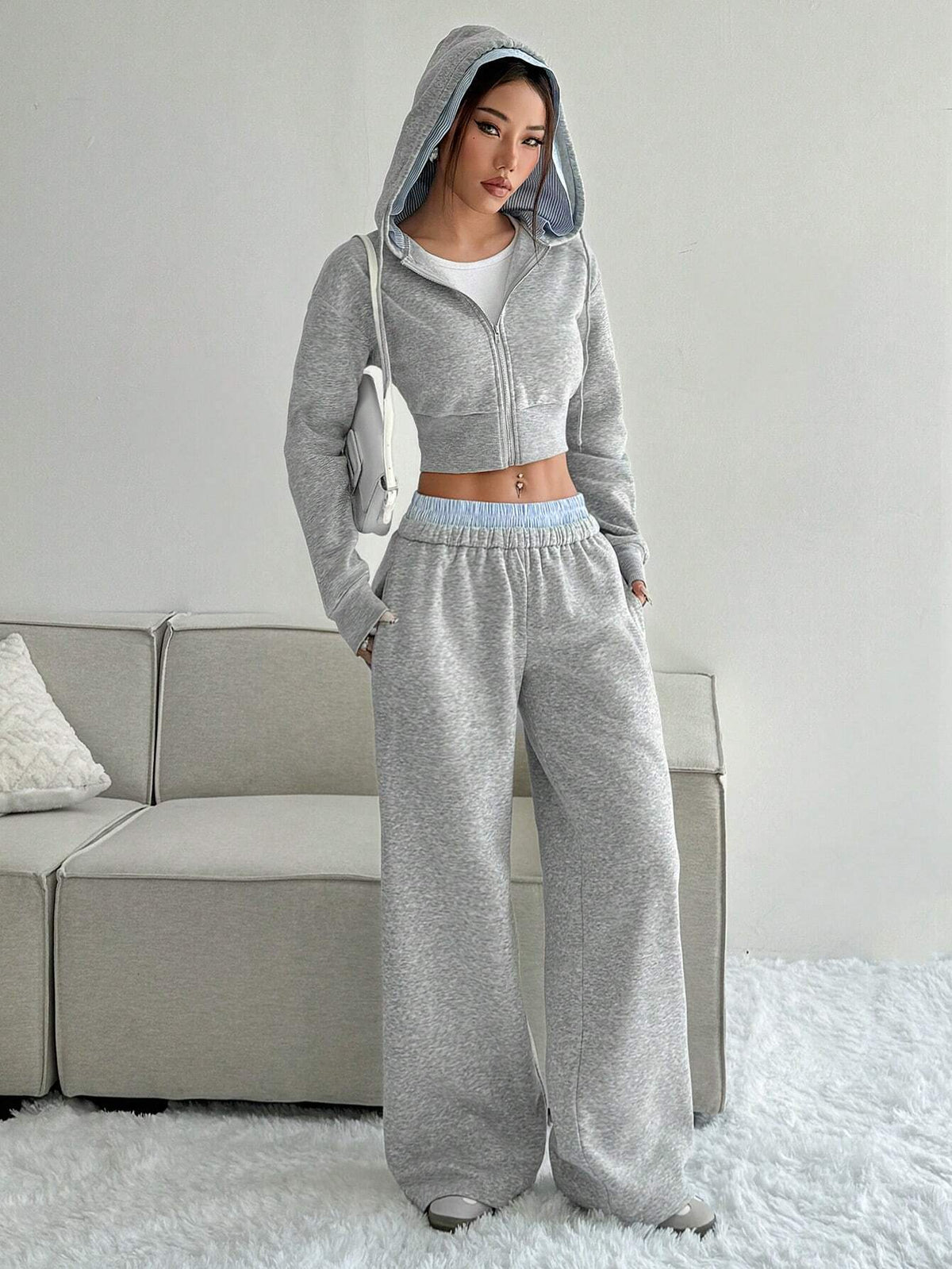 Hooded Zipper Long Sleeve Sweatshirt And Striped Color Block Pocket Jogger Pants Casual Suit