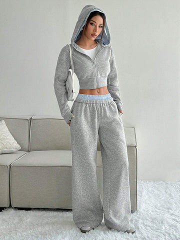 Hooded Zipper Long Sleeve Sweatshirt And Striped Color Block Pocket Jogger Pants Casual Suit