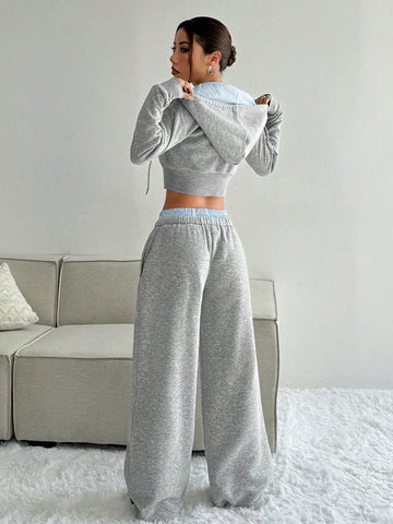 Hooded Zipper Long Sleeve Sweatshirt And Striped Color Block Pocket Jogger Pants Casual Suit