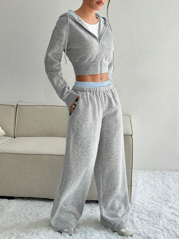 Hooded Zipper Long Sleeve Sweatshirt And Striped Color Block Pocket Jogger Pants Casual Suit