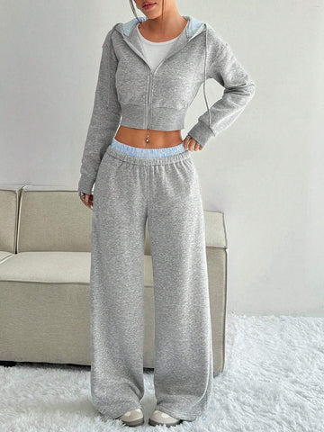 Hooded Zipper Long Sleeve Sweatshirt And Striped Color Block Pocket Jogger Pants Casual Suit