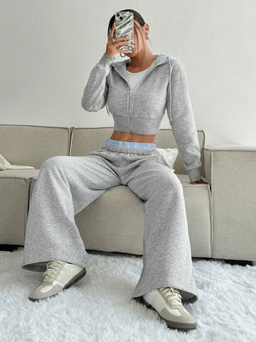 Hooded Zipper Long Sleeve Sweatshirt And Striped Color Block Pocket Jogger Pants Casual Suit