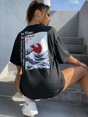 Japanese Graphic Drop Shoulder Tee, No Time To Waste Sunrise In The East