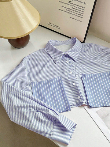 Long Sleeve Striped Patchwork 3D Pocket Open Front Button Down Casual Shirt