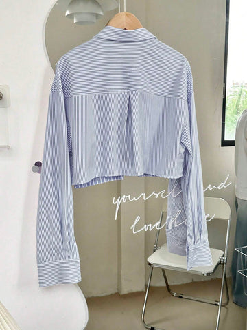 Long Sleeve Striped Patchwork 3D Pocket Open Front Button Down Casual Shirt