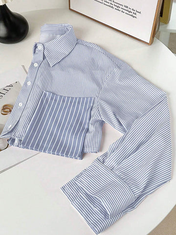 Long Sleeve Striped Patchwork 3D Pocket Open Front Button Down Casual Shirt