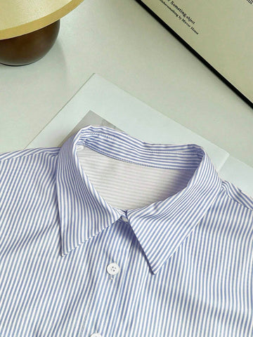 Long Sleeve Striped Patchwork 3D Pocket Open Front Button Down Casual Shirt