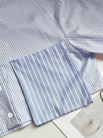 Long Sleeve Striped Patchwork 3D Pocket Open Front Button Down Casual Shirt