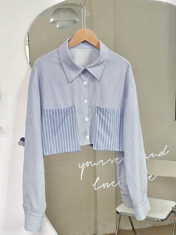Long Sleeve Striped Patchwork 3D Pocket Open Front Button Down Casual Shirt
