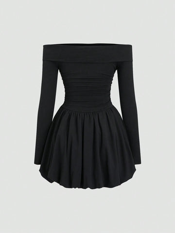 Sexy Black Off Shoulder Ruched Flower Mini Dress