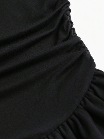 Sexy Black Off Shoulder Ruched Flower Mini Dress