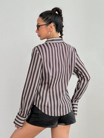 Simple Casual Ruched Striped Women Shirt
