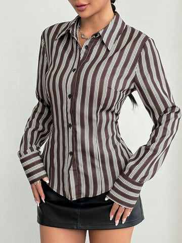 Simple Casual Ruched Striped Women Shirt