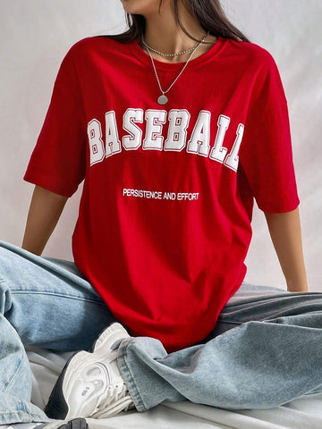 Slogan Graphic Drop Shoulder Tee BASEBALL PERSISTENCE AND EFFORT