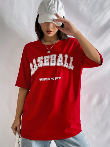 Slogan Graphic Drop Shoulder Tee BASEBALL PERSISTENCE AND EFFORT