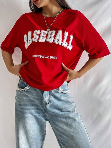 Slogan Graphic Drop Shoulder Tee BASEBALL PERSISTENCE AND EFFORT