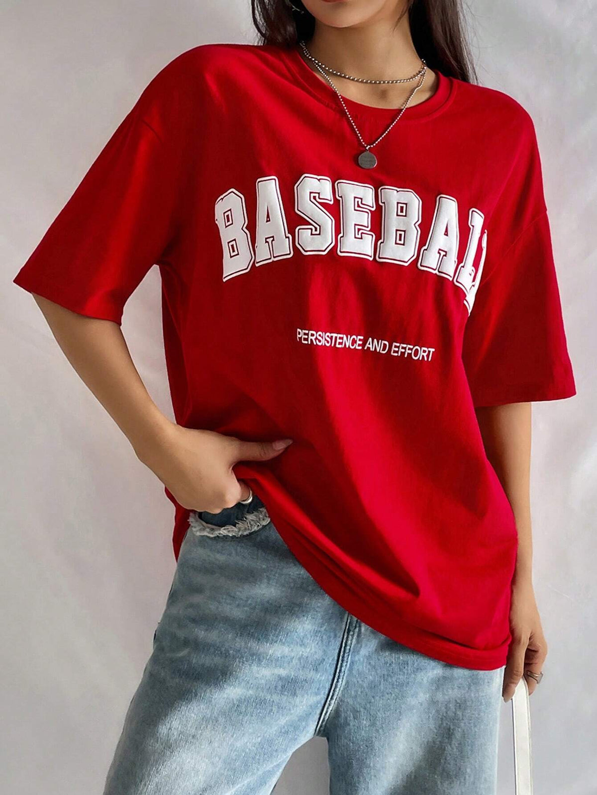 Slogan Graphic Drop Shoulder Tee BASEBALL PERSISTENCE AND EFFORT