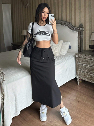 MOOSTA Solid Color Flip Pocket Straight Casual Skirt