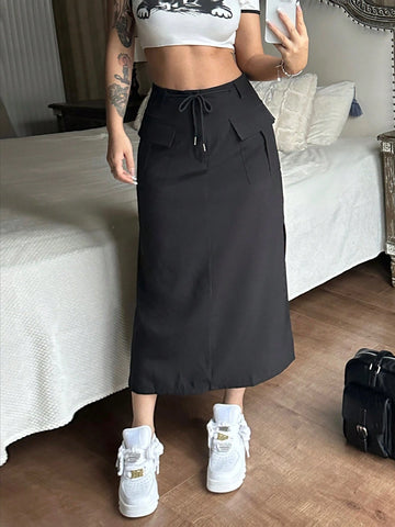 MOOSTA Solid Color Flip Pocket Straight Casual Skirt