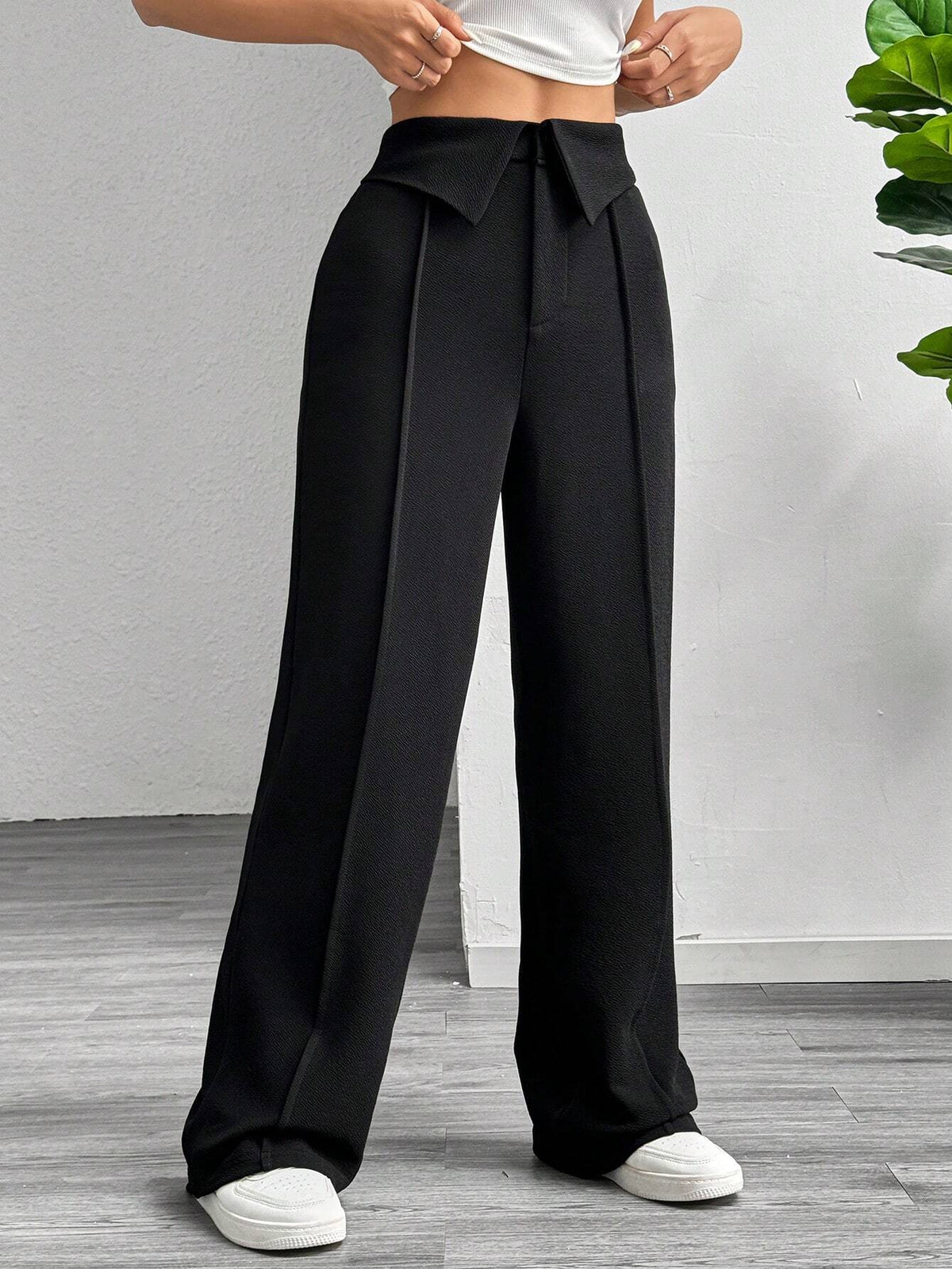 MOOSTA Solid Color Fold-Over Waist Women Casual Wide Leg Pants